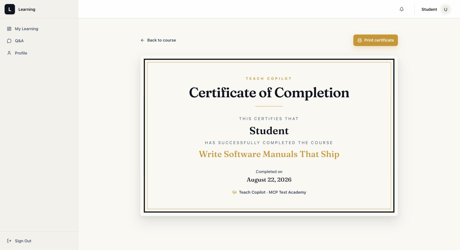 Certificate of Completion for Write Software Manuals That Ship, with a Print certificate button