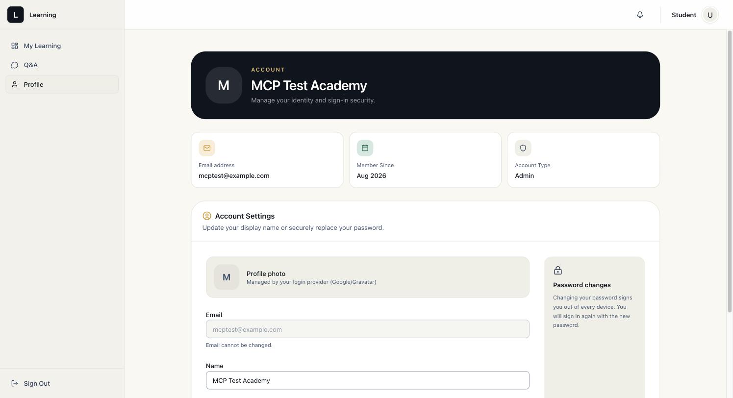 Account profile page layout with email address, member since date, account type, and a display name field